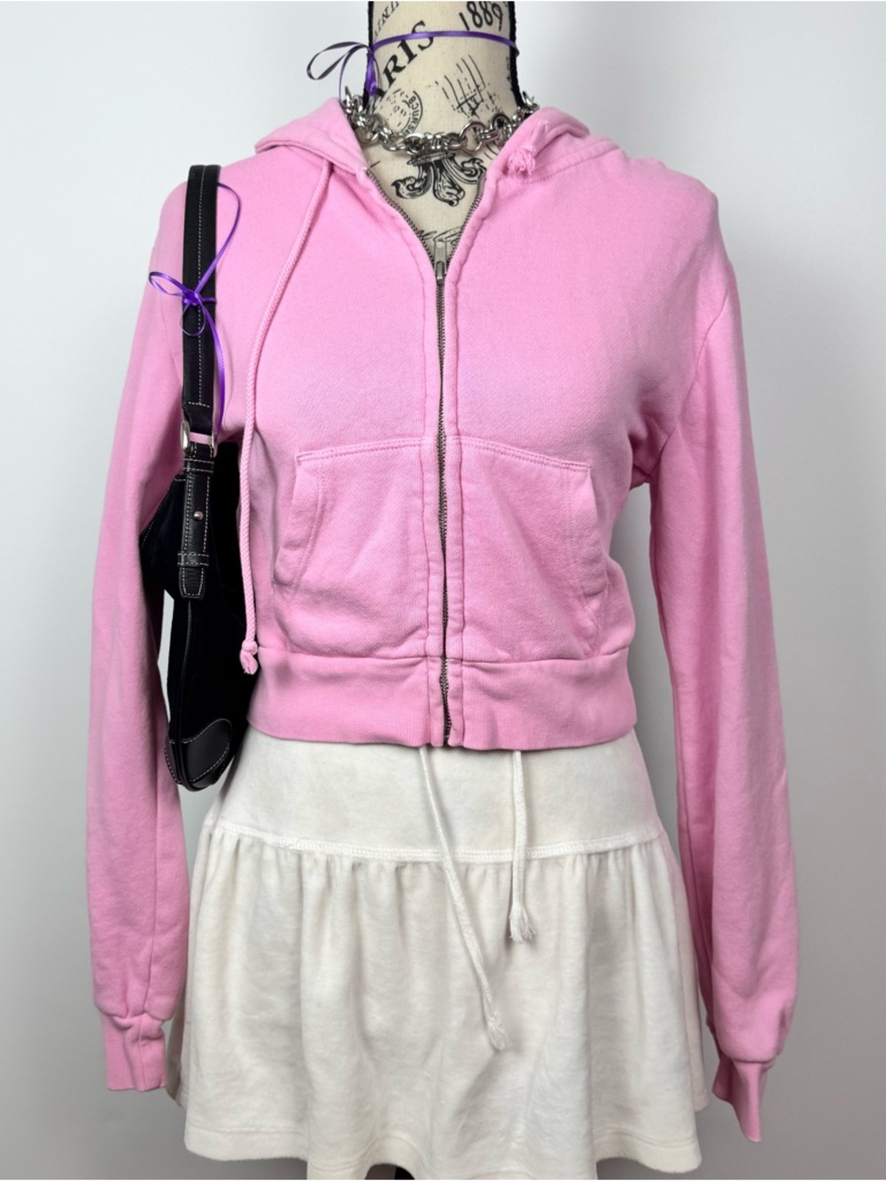 Brandy Melville Pink Cropped Zip-Up Hoodie